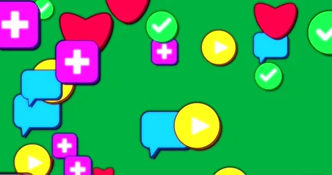 Cyan bubble appearing, spawning neon icons, drifting and stacking, showing Stock Footage 327338890