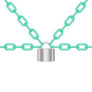 Cyan chains locked by padlock in silver design Stock Illustration