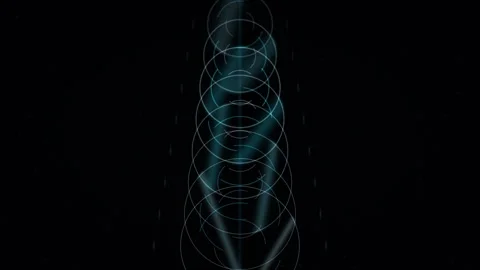 Cyan circles stack, white line intersects, blue X's hover, black backdrop Stock Footage 330059494