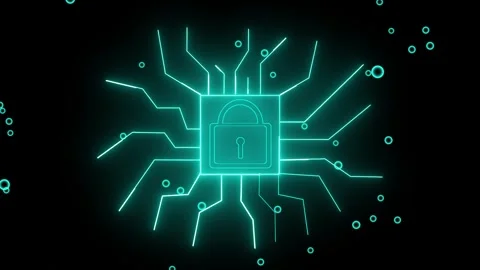 Cyan circuit board lock icon with glowing lines. Cyan lock symbol for cyber.. Stock Footage 337816930