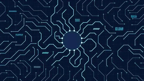 Cyan Circuit Network around Circular Chip Vector Stock Illustration
