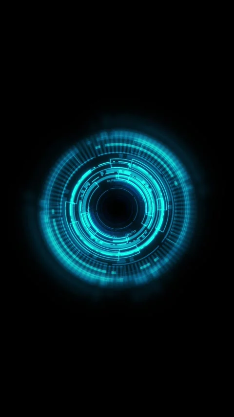Cyan circular HUD ring glowing interface layers, dark black copy space, Stock Footage 340527940
