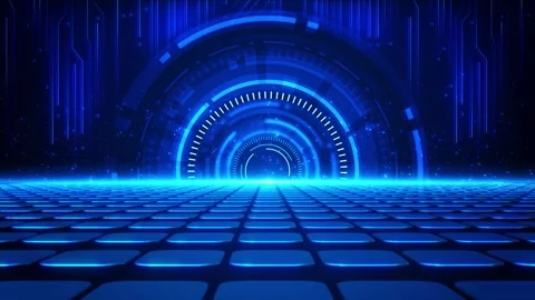 Cyan circular interface gateway neon scanner arcs, blue tiled platform, digital Stock Footage 340566753