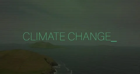 Cyan CLIMATE CHANGE text typing over hazy coast, cursor blinking glitching then 스톡 동영상 329908943