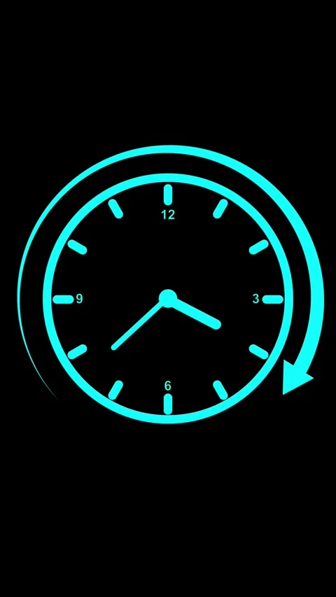 Cyan Clock with Rotating Arrow Symbol on Black Background time blue Stockbeeldmateriaal 337461392