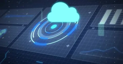 Cyan cloud icon floating above radar on dark grid, showing bar charts line Stock Photos