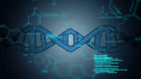 Cyan code appearing, blue DNA helix rotating and knotting then relaxing, Video stock 335211683