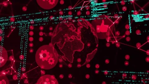 Cyan code appearing wireframe globe shifting beneath code, icons sliding showing Stock Footage 328234141