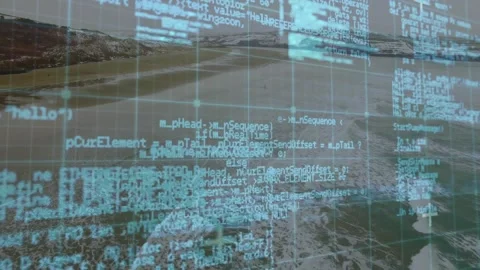 Cyan code-grid overlay scanning coastline on scan, rising then fading to reveal Stock Footage 333833112