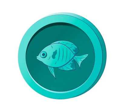 Cyan coin with the image of a fish. Vector illustration for game design Illustrazione stock