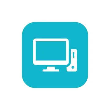 Cyan computer icon featuring desktop monitor and tower unit for office tech.. Stock Illustration