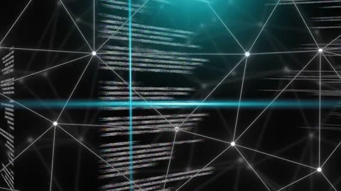 Cyan crosshair sweeping, causing camera drawing nearer, central code column Stock Footage 334351525