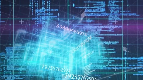 Cyan cube rotating, drifting on grid, numbers changing causing pulsing, pink Stock Footage 331160885