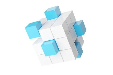Cyan cubes floating out of box of white shiny cubes isolated on white backgro Stock Illustration