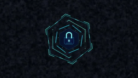 Cyan cyber security lock HUD interface animation with tech grid Stock Footage 347557334