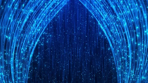 Cyan data fiber curtain visual bright curved light trails, vertical particle rai Stock Footage 340525259