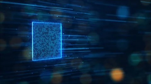 Cyan data panel visual with glowing square frame, particle grid texture, speed l Stock Footage 340553269
