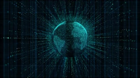 Cyan data sphere network visual particle burst, glowing globe shape, grid textur Stock Footage 340557770