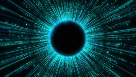 Cyan data tunnel halo visual glowing radial beams, dark center hole, and fast pa Stock Footage 340556138