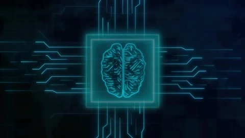 Cyan digital brain inside square tech frame layout on dark. Artificial inte.. 動画素材 337023090