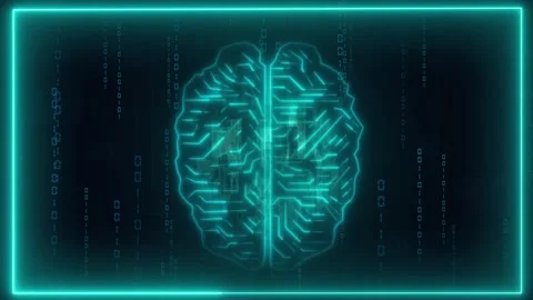 Cyan digital brain model with binary computer matrix code rain. Artificial .. Stock Footage 337023081