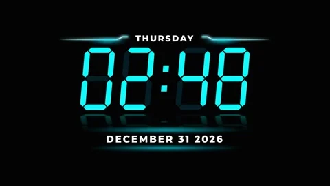 Cyan digital clock displaying time and date for new year countdown. 4K Video stock 346883080