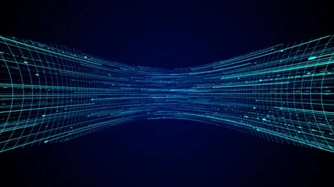 Cyan digital grid tunnel background glowing wire lines, moving data streaks, dee Stock Footage 340452487