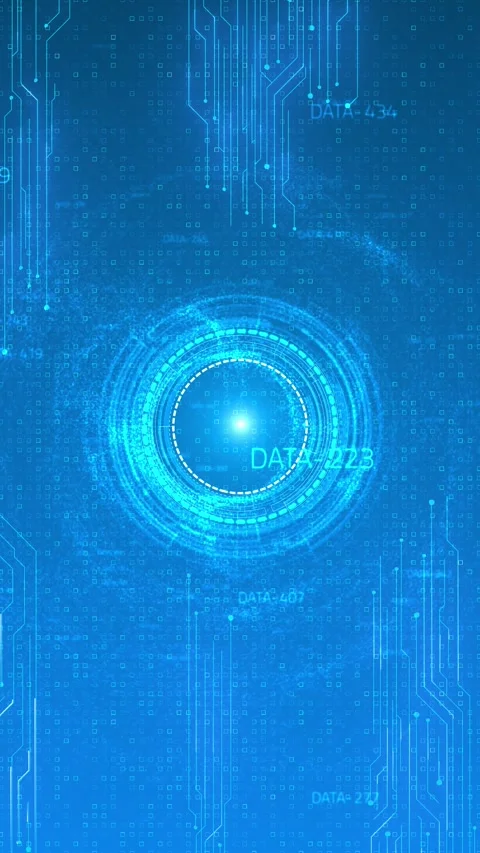 Cyan digital HUD data scanner glowing circular rings, circuit traces, square par Stock Footage 340556022