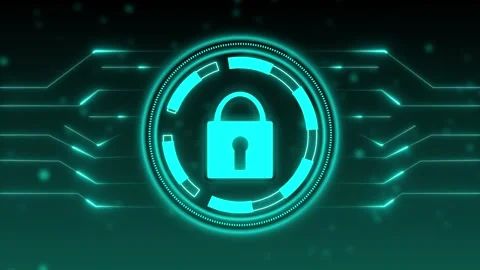 Cyan digital lock icon with circuit board pattern. Lock icon security techn.. Stock Footage 337369368