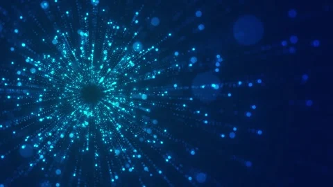 Cyan digital particle explosion visual with bright dots, radial motion trails, a Stock Footage 340555439