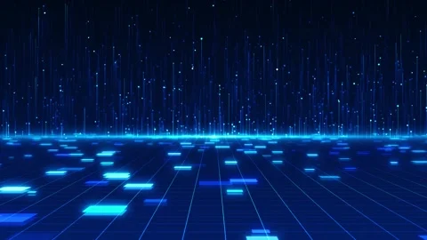 Cyan digital platform data scene luminous blocks, rising particles, and blue gri Stock Footage 340566630