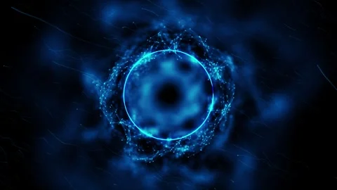 Cyan digital vortex circle visual luminous nodes, mesh links, floating particles Stock Footage 340528169