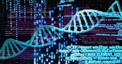 Cyan DNA helix responding to code pulse undulating shifting rotating to show Stock Footage 332275399