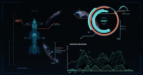 Cyan dot popping starting globe rotating rocket linking gauge meter filling path Stock Footage 328700708
