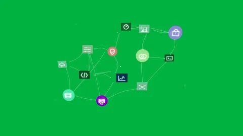Cyan dots appearing, icons spawning, linking into lock, fading back, showing Stock Footage 334727074