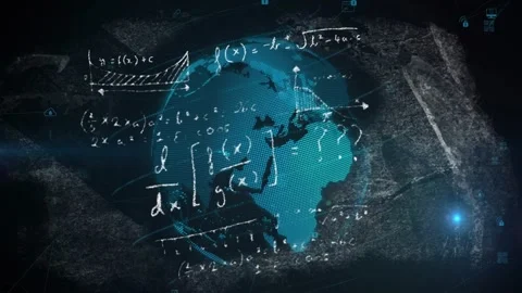 Cyan dots resolving into rotating globe, HUD icons popping, chalk math drawing, Vídeos de archivo 329908732