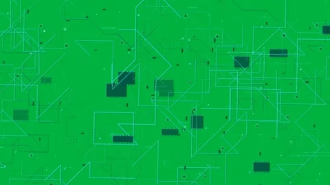 From cyan dots, traces extending, linking chips and nodes to form circuit on Stock Footage 333630187
