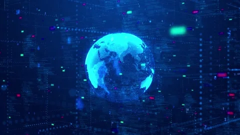 Cyan Earth data network visual glowing globe, floating numbers, digital code win Stock Footage 340558168