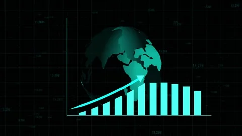 Cyan earth globe with bar chart and upward arrow on dark grid animated back.. Stock Footage 337366010