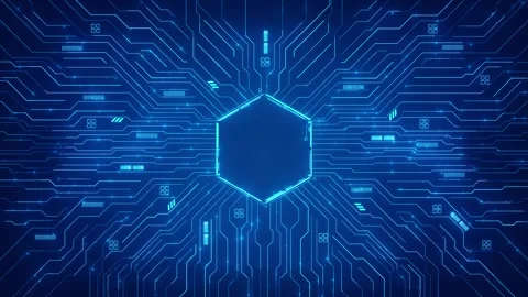 Cyan electronic hex core visual circuit pathways, dark blue matrix, and glowing Stock Footage 340528295