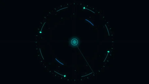 Cyan Futuristic HUD Interface Rotating with Glowing Digital Compass Elements on Stock Footage 348322963