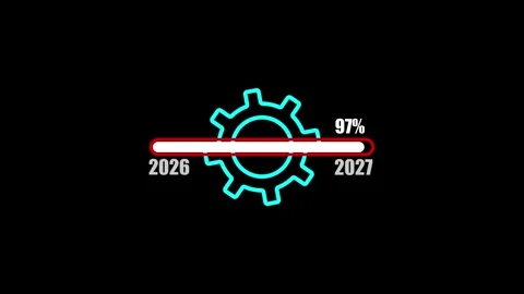 Cyan gear animation with progress bar and futuristic year counter on black .. Vídeo Stock 342248162