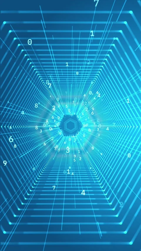 Cyan geometric data tunnel background with glowing hexagon depth, perspective li Stock Footage 340550429