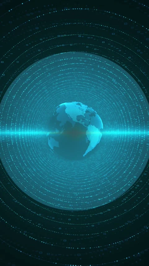 Cyan global binary ring interface glowing earth, circular code patterns, and hor Stock Footage 340548171