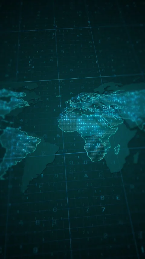 Cyan global map interface dotted continents, grid overlay, floating data numbers Stock Footage 340456677