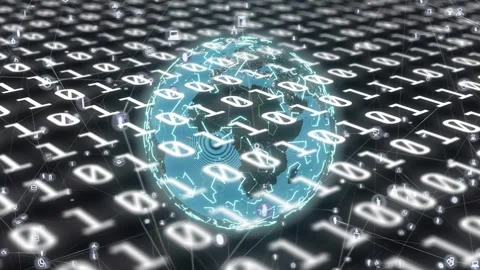 Cyan globe appearing frame1, rotating as binary grid shifting and icons Stock Footage 334768689