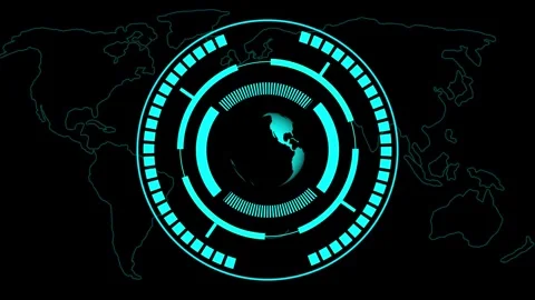 Cyan globe interface animation with rotating circular hud and world map ove.. Stock Footage 337364661
