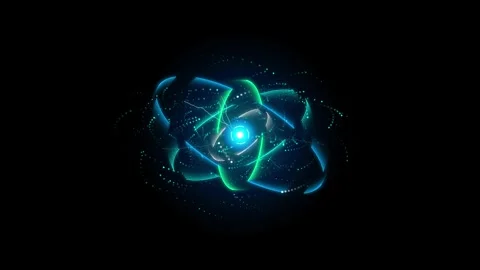 Cyan Glowing Atomic Core Revolving Orbit Ring Motion Loop Video Screen Stock Footage 344603253