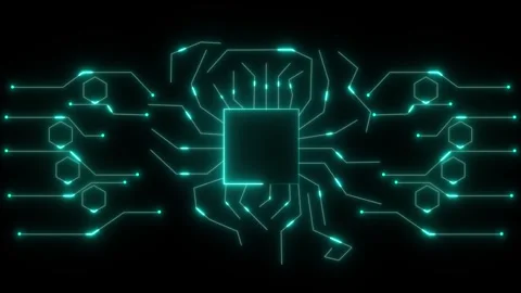 Cyan glowing circuit board with central square processor chip on dark anima.. Stock Footage 337365959