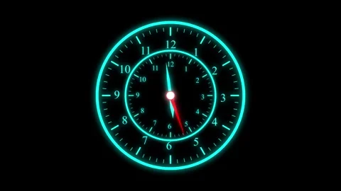 Cyan glowing neon clock animation showing fast moving hands on black backgr.. Vídeos de archivo 334989218